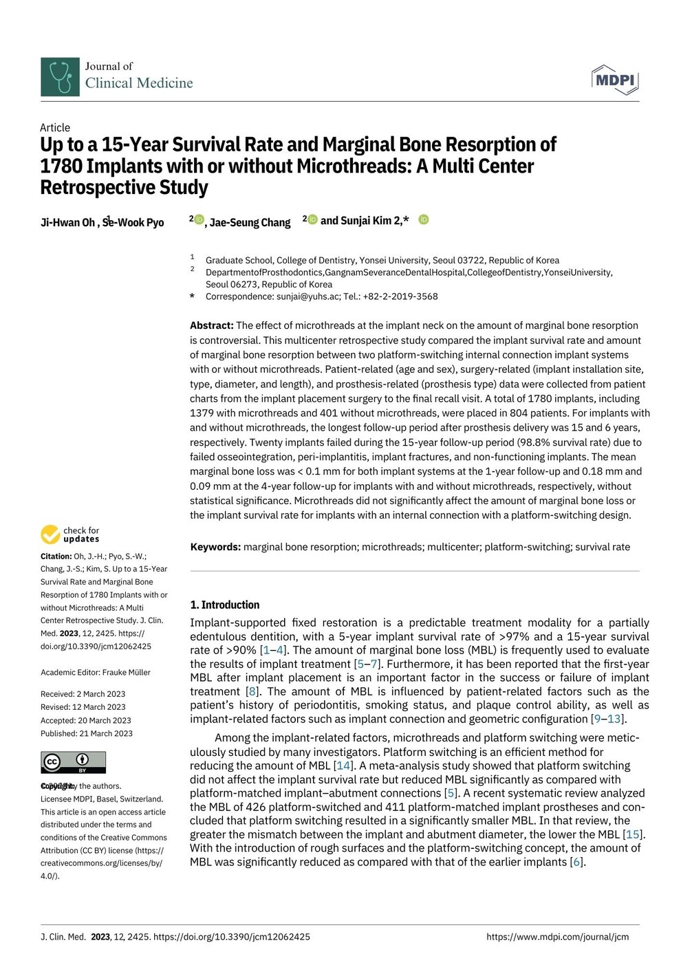 국제학술지 Journal of Clinical Medicine에 게재된 임플란트 임상연구 논문 — 연세더튼튼치과 오지환 원장 제1저자